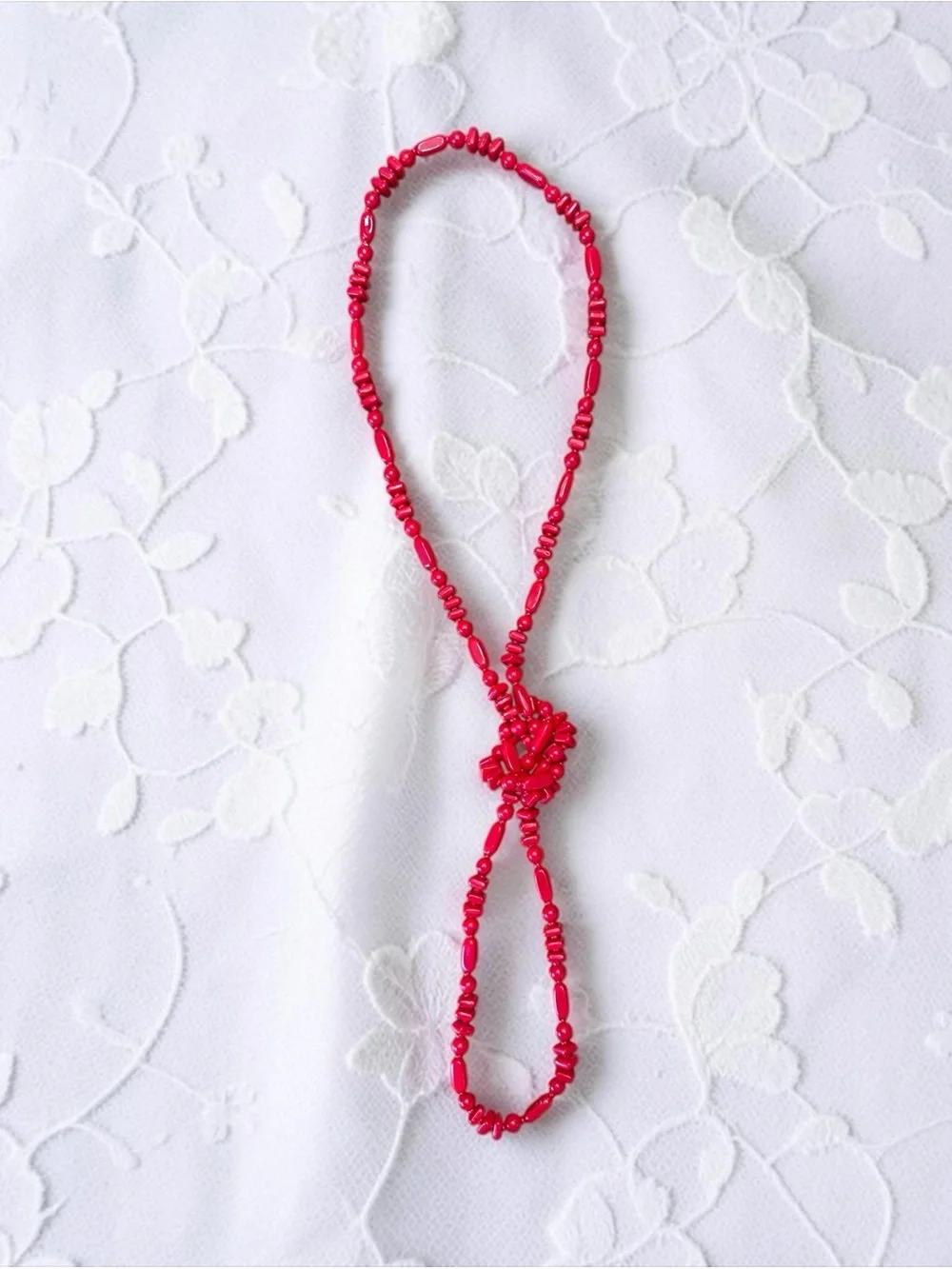 Vintage Red Faux Coral Beaded Statement Necklace Long 47” Continuous Loop